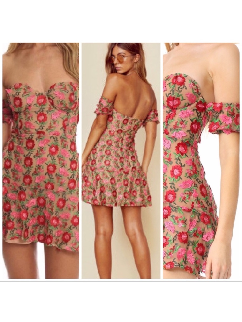 For Love And Lemons Pink Floral Off-Shoulder Mini Dress on Nude Base